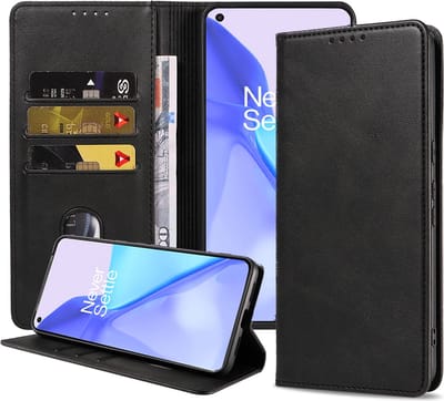 Smartphonica Telefoonhoesje geschikt voor OnePlus 9 kunstleren Hoesje met Magnetische sluiting en Pasjeshouders Book Case met Klepje - Zwart geschikt voor OnePlus 9