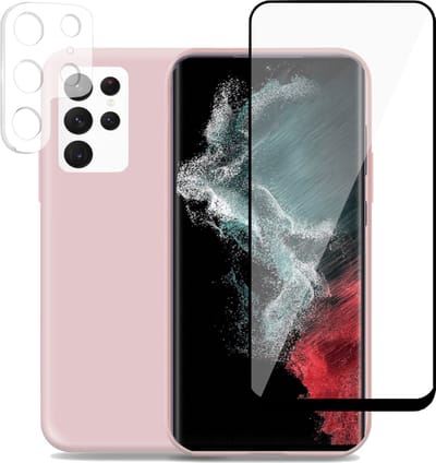 Hoesje geschikt voor Samsung S22 Ultra + Screenprotector + Camera Cover - Glass Pet Folie Glass - Liquid Back Case Cover Rose