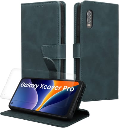 kwmobile telefoonhoesje geschikt voor Samsung Galaxy Xcover Pro hoesje - Smartphone case met pasjeshouder - RFID-blokkering en screenprotector - In petrol