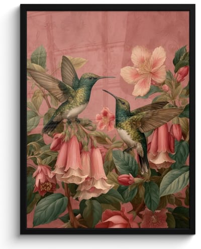 Poster in lijst - Fotolijst 60x80 cm - Posters - Kolibries - Bloemen - Groen - Roze - Posterlijst zwart - Decoratie - Wanddecoratie woonkamer - Muurdecoratie slaapkamer