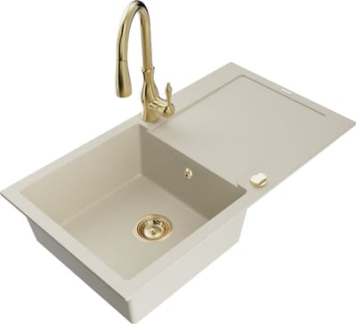 Mexen Leo granieten spoelbak 1-komerig met afdruiprek en keukenkraan Savita, beige - 6501-69-672601-50