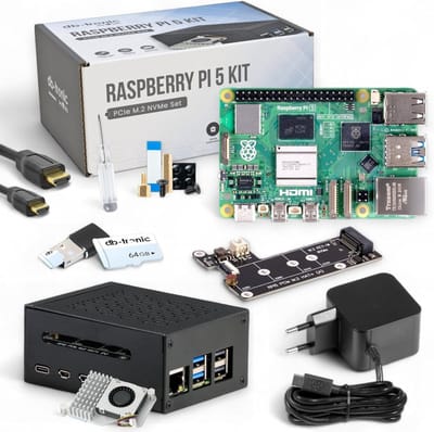 Raspberry Pi 5 4 GB PCIe M.2 NVMe - Set | Metalen behuizing | Actieve koeler | M.2 NVMe SSD PCIe-kaart | Officiële USB-C 27 W-voeding | 64 GB SD-kaart | 4K Micro HDMI