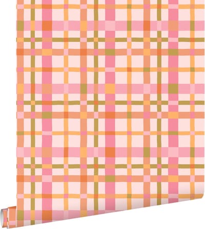 ESTAhome behang ruitjes roze, groen en terracotta - 50 x 900 cm - 132052