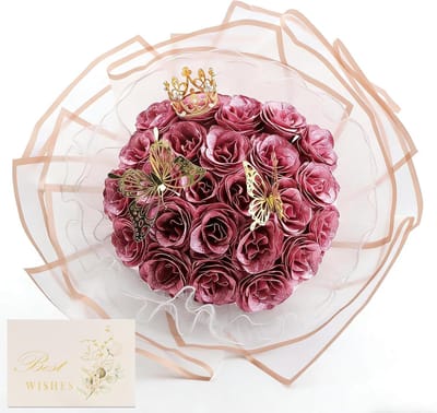 Kunstboeket Rozen - Eeuwig Boeket - Feestelijke Decoratie - Met Glitter Vlinders Kroon - 24 Rozen - Lichtroze