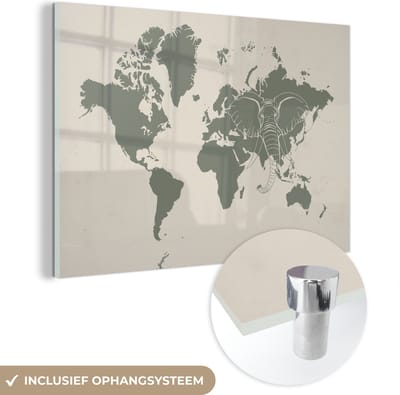 ® Glasschilderij 120x80 cm - Schilderij acrylglas - Wereldkaart - Dieren - Olifant - Foto op glas - Muurdecoratie woonkamer - Wanddecoratie slaapkamer - Schilderijen