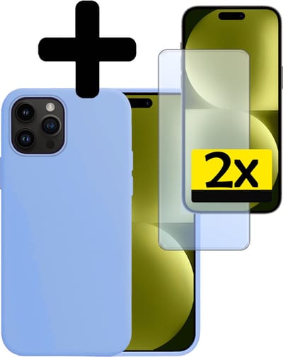 Hoesje - Met Screenprotector - Geschikt voor Apple iPhone 15 Pro - Sterk & Shockproof - Back Cover - Siliconen Case - Telefoon Hoes - Telefoonhoesjes - Lichtblauw