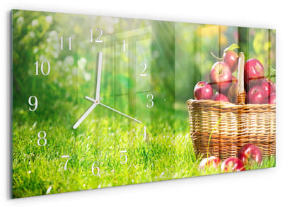 Tulup Wandklok - Een mand met appels Moderne Glazen Wandklok - 60x30 cm - Groente Wandklok Glas Met Motief - Witte Handen - Rechthoekige Wandklok - Gekleurde Glazen Klok - Glazen Klok Met Print