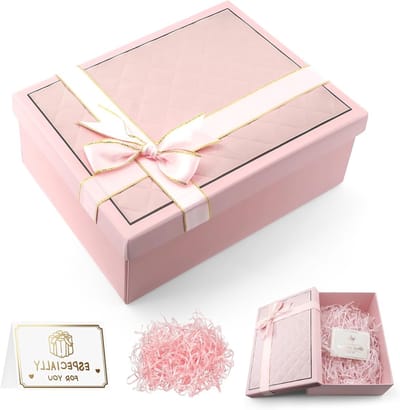 Opvouwbare geschenkdoos met deksel, 25 x 18 x 9 cm, herbruikbaar voor bruiloften, verjaardagen en jubilea, inclusief wenskaart en raffia, roze