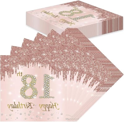 40 Stuks Roze Gouden Papieren Servetten voor Verjaardag, Feestdecoratie voor Vrouwen, 6.5x6.5 Inch, Tafelaccessoires voor 18e Verjaardag