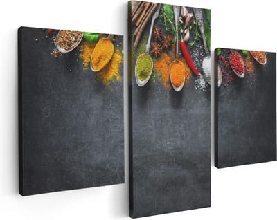 Artaza Canvas Schilderij Drieluik Kruiden En Specerijen Op Een Zwarte Plaat - 90x60 - Foto Op Canvas - Canvas Print