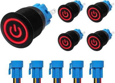 ProRide Drukschakelaar ON-OFF 220V - 19mm Metaal - Waterdicht - LED Rood - Met Kabels - 5 stuks