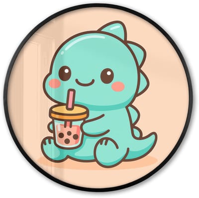 Poster in lijst Rond - Fotolijst 60x60 cm - Posters - Dino - Boba - kawaii - Oranje - Ronde posterlijst zwart - Decoratie - Wanddecoratie woonkamer - Muurdecoratie slaapkamer