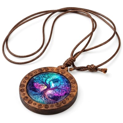 Bruine ronde hanger ketting voor heren – houten rand met kleurrijke levensboom illustratie aan bruin koord