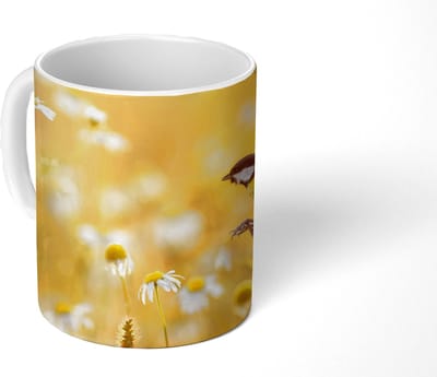 Mok - Koffiemok - Vogel - Koolmees - Bloemen - Margriet - Mokken - 350 ML - Beker - Koffiemokken - Theemok