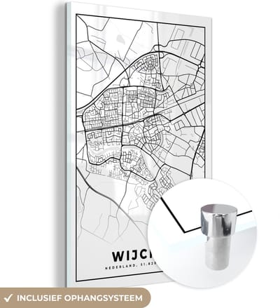 MuchoWow® Glasschilderij 40x60 cm - Schilderij acrylglas - Kaart - Wijchen - Zwart - Wit - Foto op glas - Schilderijen