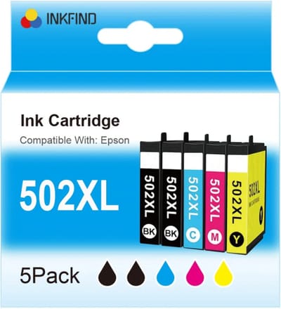 INKFIND 502XL inktcartridges voor Epson502 Epson 502 Epson502XL Epson 502XL inktcartridges multipack van 5 stuks (Zwart *2, Cyaan*1, Magenta*1, Geel*1) voor Epson Expression Home XP-5105 XP-5100 Epson Workforce WF-2860DWF WF-2865DWF XP5105 WF-2860