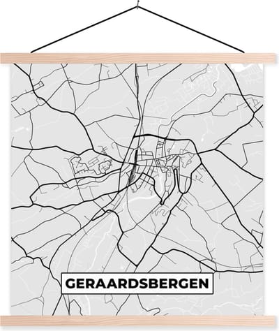Posterhanger incl. Poster 40x40 cm - Schoolplaat - Stadskaart – Plattegrond – België – Zwart Wit – Geraardsbergen – Kaart - Textielposter - Blanke latten - Stadskaart