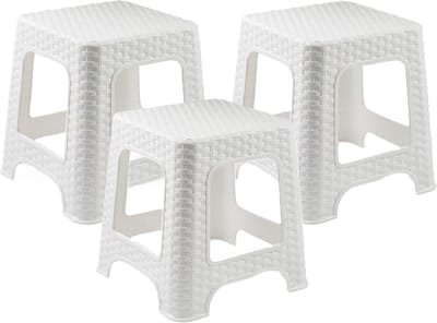 Plasicforte opstapje/krukje - 3x - wit - rotan kunststof - 32 x 32 x 30 cm - trapjes - bijzet krukjes