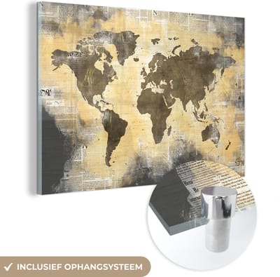 ® Glasschilderij 120x80 cm - Schilderij acrylglas - Wereldkaart - Gouden - Krant - Foto op glas - Muurdecoratie woonkamer - Wanddecoratie slaapkamer - Schilderijen