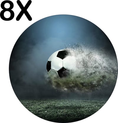 Luxe Ronde Placemat - Ontploffende Voetbal boven het Gras - Set van 8 Placemats - 50x50 cm - 2 mm dik Vinyl - Anti Slip - Afneembaar