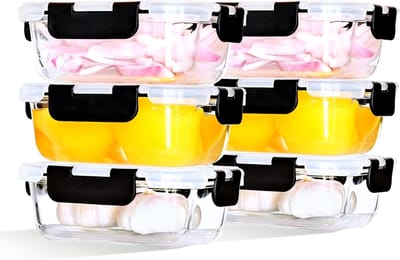 Famanu - Glazen vershouddozen met deksel, 6-delige set, compact en draagbaar, lekvrije voorraaddozen van glas, 370 ml, glazen container voor scholieren met maaltijden en opslag van levensmiddelen