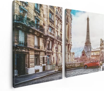 Artaza Canvas Schilderij Tweeluik Eiffeltoren In Parijs Met Een Rode Kever Auto - 120x80 - Foto Op Canvas - Canvas Print