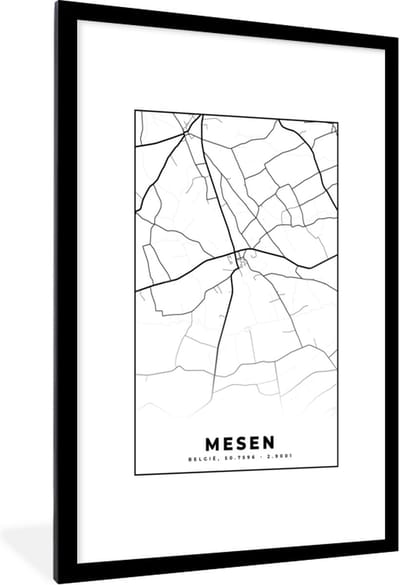 Fotolijst incl. Poster Zwart Wit- Stadskaart – Plattegrond – België – Zwart Wit – Mesen – Kaart - 80x120 cm - Posterlijst