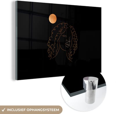 MuchoWow® Glasschilderij 60x40 cm - Schilderij acrylglas - Vrouw - Maan - Line art - Black and gold - Foto op glas - Schilderijen