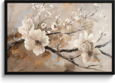 Poster in lijst - Fotolijst 90x60 cm - Posters - Bloemen - Natuur - Wit - Bloesem - Abstract - Posterlijst zwart - Decoratie - Wanddecoratie woonkamer - Muurdecoratie slaapkamer