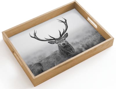 Dienblad hout 40x30 cm - Schootdienblad - Hert - Mistig - Zwart - Wit - Borrelplank rechthoek - Plateau dienbladen