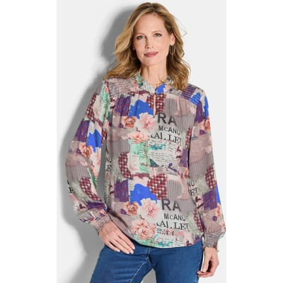 Blouse met een opstaande kraag van viscose-satijn - steengrijs / gedess. - Gr. 40 van Goldner Fashion