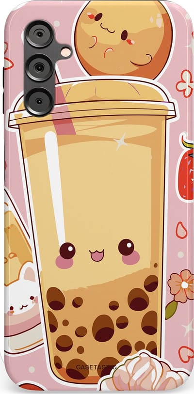 Casetastic Hoesje Geschikt voor Samsung A14 (5G/4G) - Stijlvolle Beschermende Duo-layer Case - Kawaii Thee Design - Bubble Tea