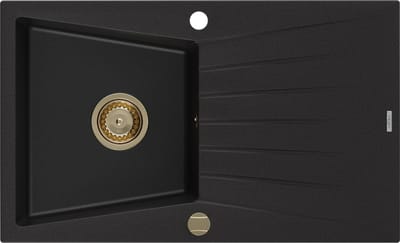 Mexen Cesar granieten spoelbak 1-komors met afdruiprek 775 x 470 , zwart, gouden sifon - 6514771010-77-G