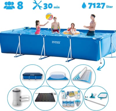 Intex Rechthoekig Opzetzwembad - 450 x 220 x 84 cm - Blauw - Inclusief Pomp - Solar Mat - Onderhoudspakket - Grondzeil - Afdekzeil - Schoonmaaktset