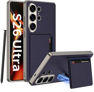 Casemania Hoesje Geschikt voor Samsung Galaxy S26 Ultra - Donker Blauw - Kunstleren Back Cover met Pasjeshouder Staandaard