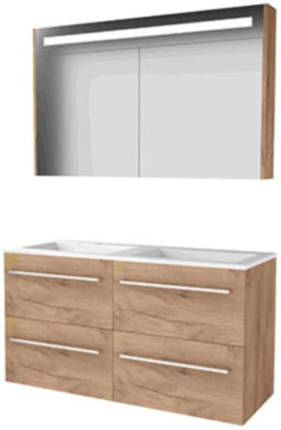 Basic-Line Premium 46 Badkamermeubelset - 120 x 46 cm - Met Grepen - 4 Lades - Acryl Wastafel - 2 Kraangaten - Spiegelkast met LED Verlichting - Whisky Oak