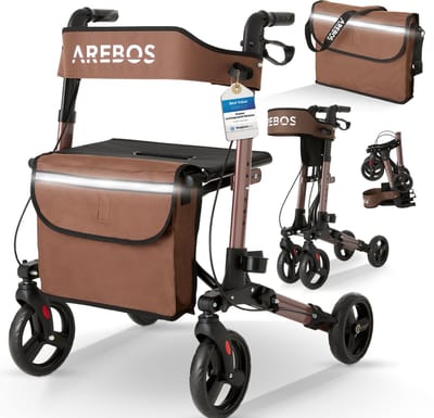 AREBOS Aluminium Rollator Lichtgewicht Rollator Loophulp Staphulp Loopwagen | Medical opvouwbare lichtgewicht rollator carbon | Inklapbaar | belasting tot 136 kg | Bruin