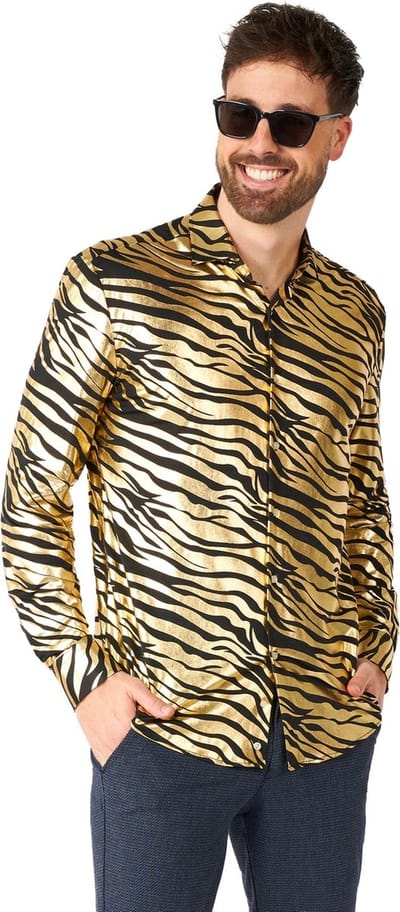 OppoSuits Shirt - Tiger Shiner - Heren Kerst Overhemd - Carnavalskleding - Glimmend Shirt - Goud - Kerst - Maat: XS