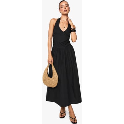 boohoo Dames Hoge katoenen popeline halterneck midilange jurk | Zwart | Maat: 46