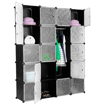 Linkforu - Garderobe – Kledingkast - Schoenenkast – 20 Kubussen - Met 2 Kledingrails - Stapelbaar – Zwart – Grijs – 147 x 37 x 183