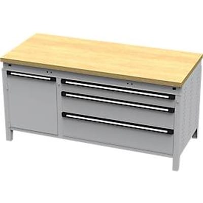 Otto Kind brede werkbank type 440, multiplexplaat van beukenhout, vlak afgeschoten, tot 1400 kg, B 1697 x D 750 x H 850 mm, staal, centrale vergrendeling, blank aluminium/wit aluminium
