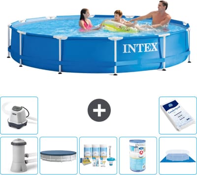 Intex Rond Frame Zwembad - 366 x 76 cm - Blauw - Inclusief Pomp - Afdekzeil - Onderhoudspakket - Filter - Grondzeil - Zoutwatersysteem - Zwembadzout - 8-delig