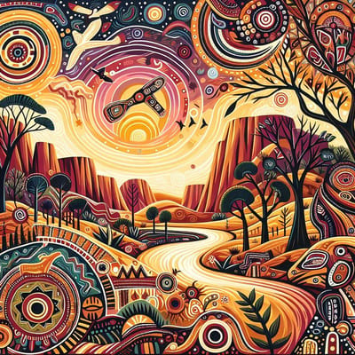 Olieverf aboriginal schilderij | Primitieve spirituele symbolen en kleuren tot leven gebracht in olieverf | Kunst - 40x40 centimeter op Dibond | Foto op Dibond