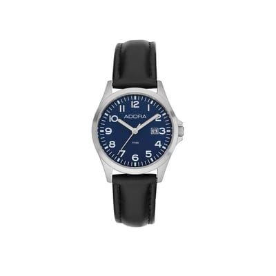 Adora Dameshorloge AB6681 – 31 mm – Titanium Kast – Donkerblauwe Wijzerplaat – Zwarte Leren Band – Datum – 5 ATM