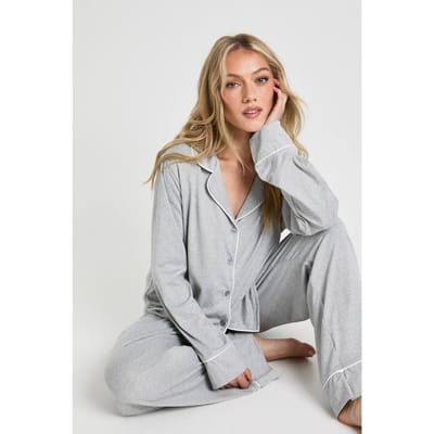 boohoo Dames Petite jersey pyjamaset met langmouwshirt en broek met pijpdetail | Grijze Mergel | Maat: 34