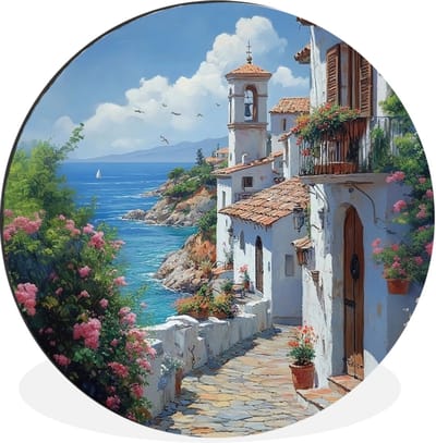 WallCircle - Wandcirkel - Muurcirkel - Huizen - Zee - Bomen - Bloemen - Aluminium - Dibond - 30x30 cm - Binnen en Buiten