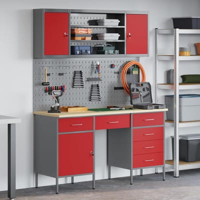 vidaXL - Werk - Cabinet - met - lade - 7 - st - Rood - Engineered - hout - en - staal