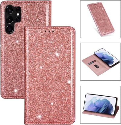 Coverup Hoesje - Geschikt voor Samsung Galaxy S25 Ultra Hoesje - Coverup Glitter Book Case - Rose Gold
