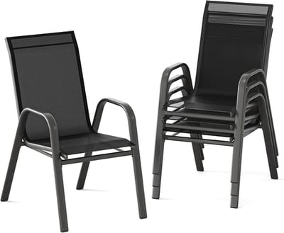 Tuinstoelen Set van 4 - Stapelbaar - Textileen & Metaal - Weerbestendig en Roestvrij - Luxe Buitenstoelen voor Tuin, Balkon & Terras - Zwart