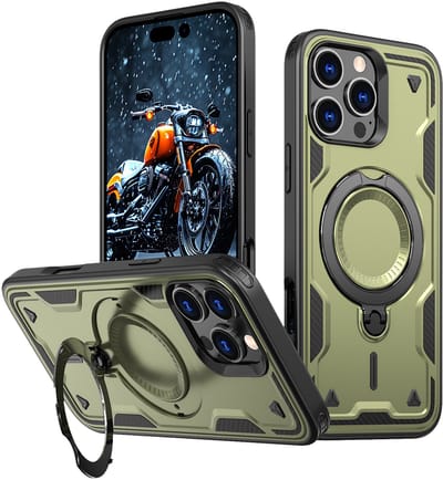 Magsafe Hoesje Geschikt voor iPhone 16 Pro Max Hoesje Olijfgroen - Armor Hoesje met Met Draaibare Ring Houder